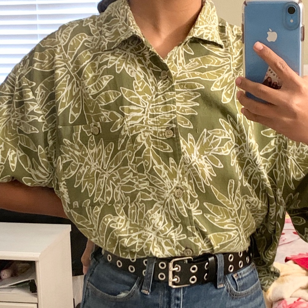 Green Leaves Print Hawaiian Shirt